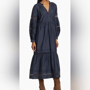 Marie Oliver Hanna Long Sleeve Cotton Silk Blend Midi Dress In Midnight Ink .